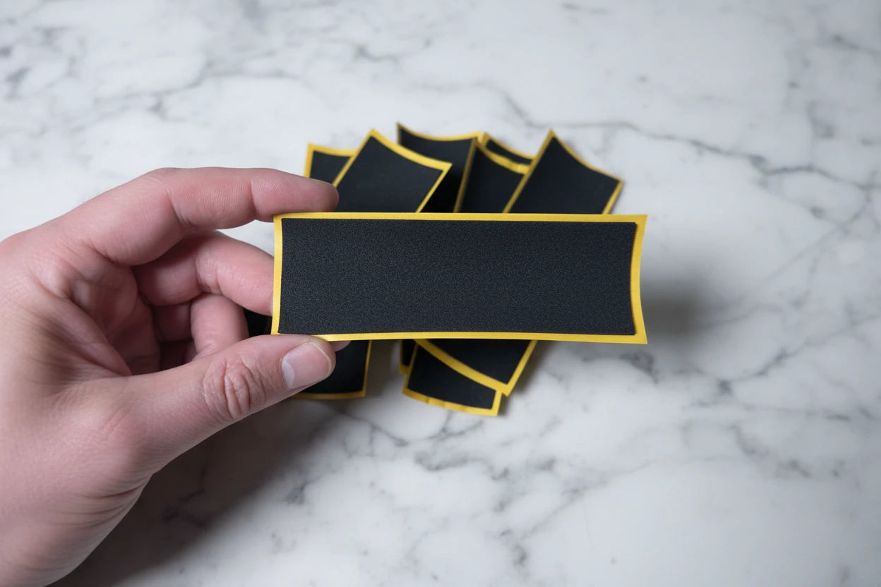 hand holding foam griptape for fingerboard. 10 pieces in total