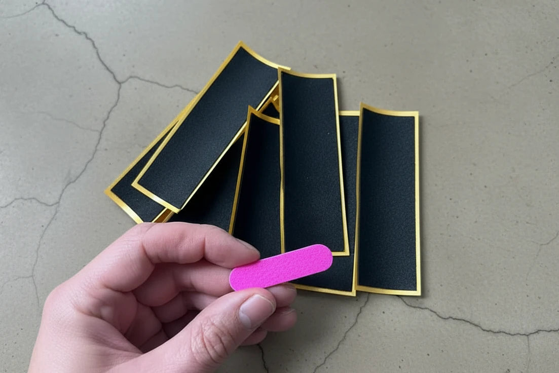 Holding pink file to finish edges of the griptape for fingerboard